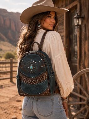 Western Embroidered Teal Backpack with Brown Trim Concealed Carry Bag Embossed